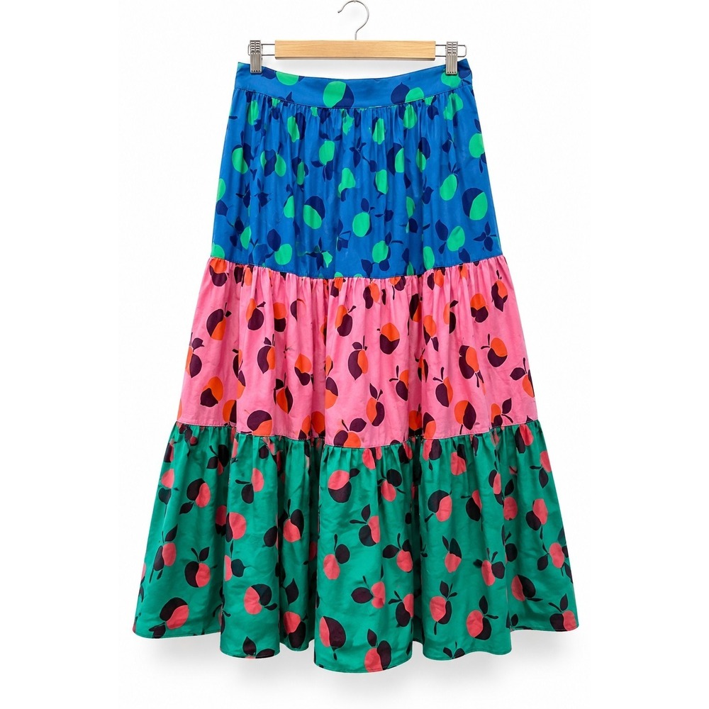 Kate Spade New York Apple Print Tiered Midi Skirt Size 4 Pink Blue Green Cotton